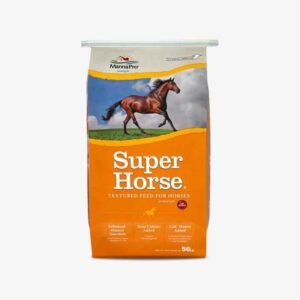 A 50 lbs bag of Super Horse textured feed for horses with a picture of a brown horse running on a green field. Enriched with essential minerals, vitamins, yeast culture, and Calf-Manna protein