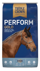 Blue packaging of Triple Crown Perform Gold horse feed with a brown horse photo and EquiMix logo