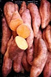 A basket of sweet potatoes, with two cut open to reveal their orange flesh, for a horse feed, care, and tips article