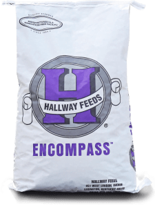 White bag of Hallway Feeds Encompass horse feed with purple label