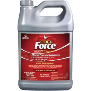 1 gallon jug of Pro-Force flea and tick repellent with a red label featuring a horse, kills and repels fleas, ticks, mosquitoes, gnats, flies, and more for up to 14 days