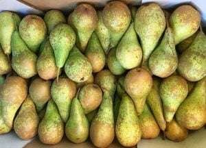 A group of green and yellow pears in a white cardboard box