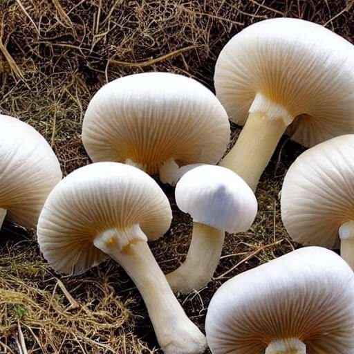 A group of white mushrooms growing in a bed of dried grass