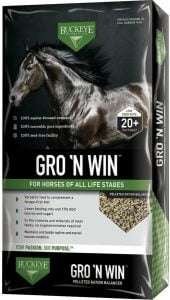 Black bag of Buckeye GRO N WIN horse feed with a white and green label