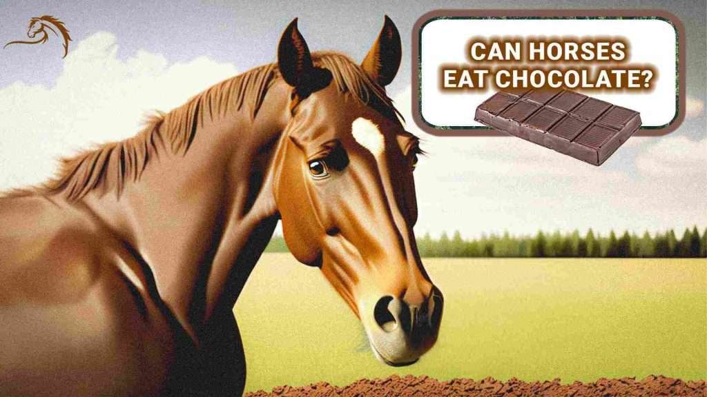 a brown horse with a white stripe and black mane in a green field, with a chocolate bar and the question 'Can horses eat chocolate?'