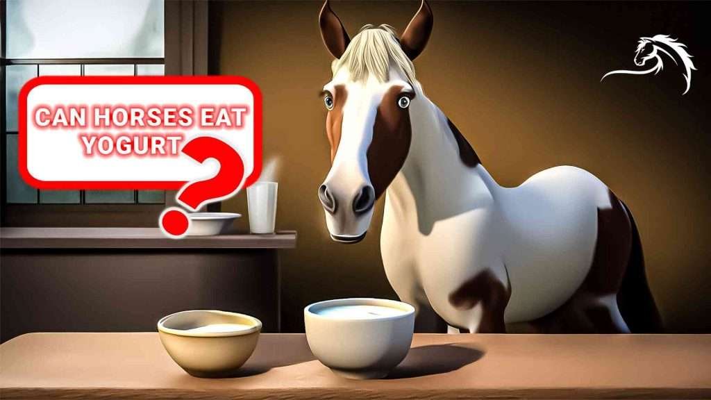 A curious horse in a kitchen looking at a bowl of yogurt with the text 'Can horses eat yogurt?' in a red speech bubble