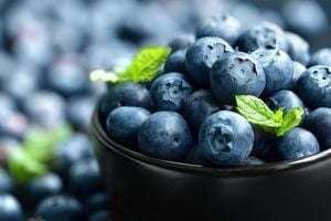 A bowl of plump blueberries with mint leaves on a sea of blue background