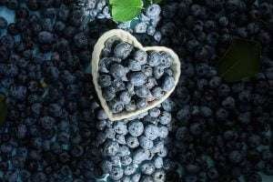 Blueberries in a white heart-shaped bowl on a bed of blueberries with green leaves