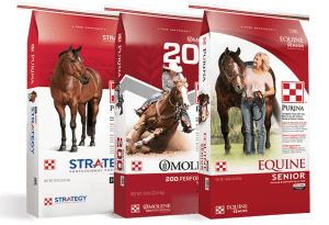 Three red and white bags of Purina horse feed in a triangular formation, labeled Strategy Professional Formula, 200 Performance, and Equine Senior, with pictures of horses on the front, on a gray and white checkerboard background