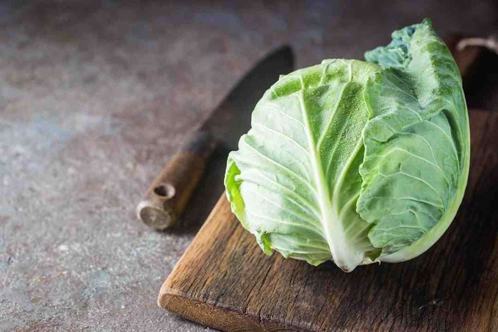 Green cabbage on wooden cutting board with rusted knife