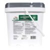 Backside of white plastic bucket of MannaPro U-GARD Pellets for horses with green label and black horse photo, 80-day supply, 10 lbs
