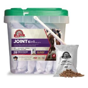 Green plastic container of Joint 6 in 1 Pellets for horse joint care with white scoop and small bag of brown pellets on white background
