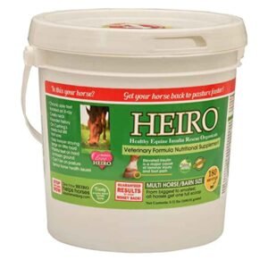 White plastic bucket with a green label featuring a horse and text for HEIRO Healthy Equine Insulin Rescue Organicals Veterinary Formula Nutritional Supplement