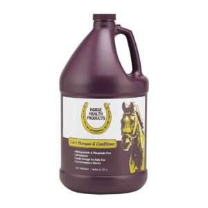 1 gallon jug of Horse Health Products 2-in-1 Shampoo & Conditioner in dark purple color with white label and yellow horse image