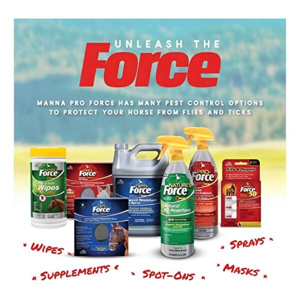 Advertisement for Manna Pro Force pest control products for horses, with a variety of options including wipes, supplements, spot-ons, sprays, and masks arranged in a pyramid shape on a red background with green grass at the bottom and the text 'Unleash the Force' at the top.