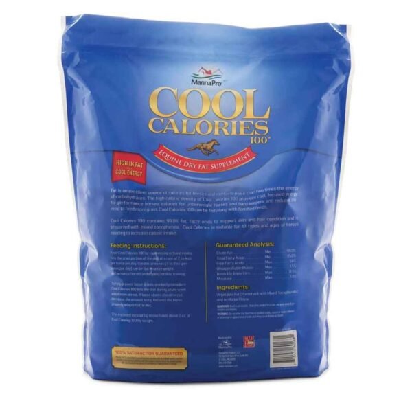 Back of a bag of MannaPro Cool Calories 100 equine dry fat supplement with an all necessary information about the product on it