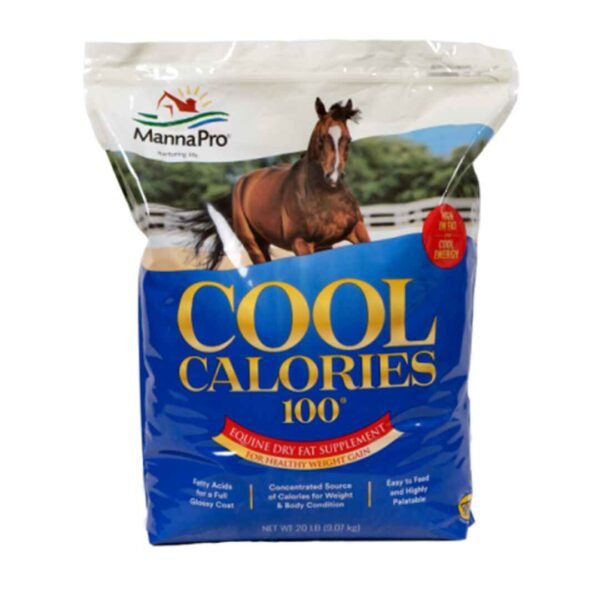 on white background there is bag of MannaPro Cool Calories 100 equine dry fat supplement with a blue label and a red 'New' sticker, featuring a photo of a brown horse and benefits including easy to feed pellets and support for healthy weight gain