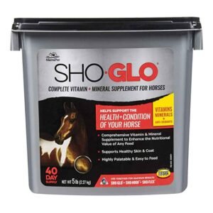 Black bucket of SHO GLO horse vitamin and mineral supplement with label and photo of brown horse