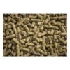 Close-up of a pile of small, brown, animal feed pellets
