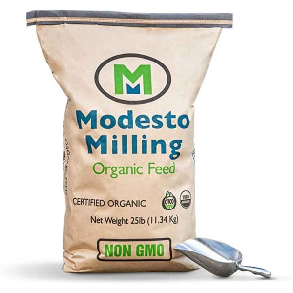 A beige bag of Modesto Milling Organic Feed with a green logo and text, labeled Non-GMO and 25lb net weight, with a metal scoop leaning against it.