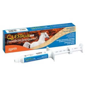 A box and tube of Quest Plus Gel horse dewormer with a syringe applicator.