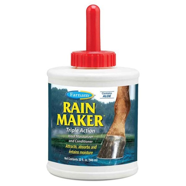 A white plastic container with a red cap and blue and white label featuring a horse's hoof. The label reads 'Farnam Rain Maker Triple Action Hoof Moisturizer and Conditioner' and mentions that the product contains aloe and attracts, absorbs, and retains moisture. The net contents of the container is 32 oz. (946 ml)