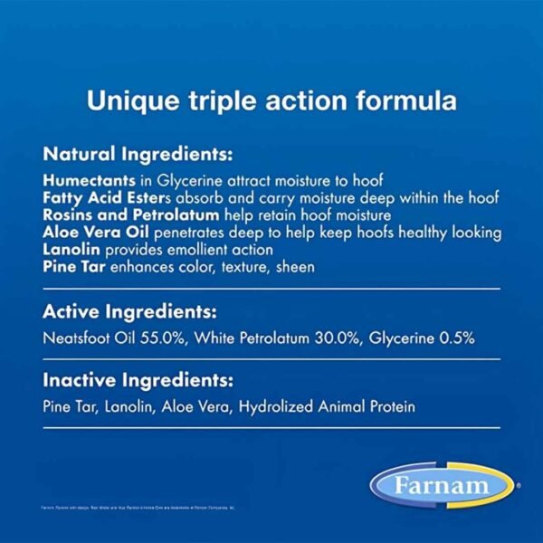 Blue square label for Farnam product with white text, listing ingredients and their percentages, including Active Oil, White Petroleum, and Glycerine, with the title 'Unique Ingredients triple action formula'