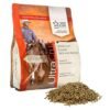 An orange and white bag of UltraCruz Equine Skin and Allergy supplement for horses with a picture of a cowboy on a horse on the front, spilling small dark pellets onto the ground