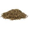 Piles of small, brown, cylindrical pellets on a white background, possibly animal feed or fertilizer