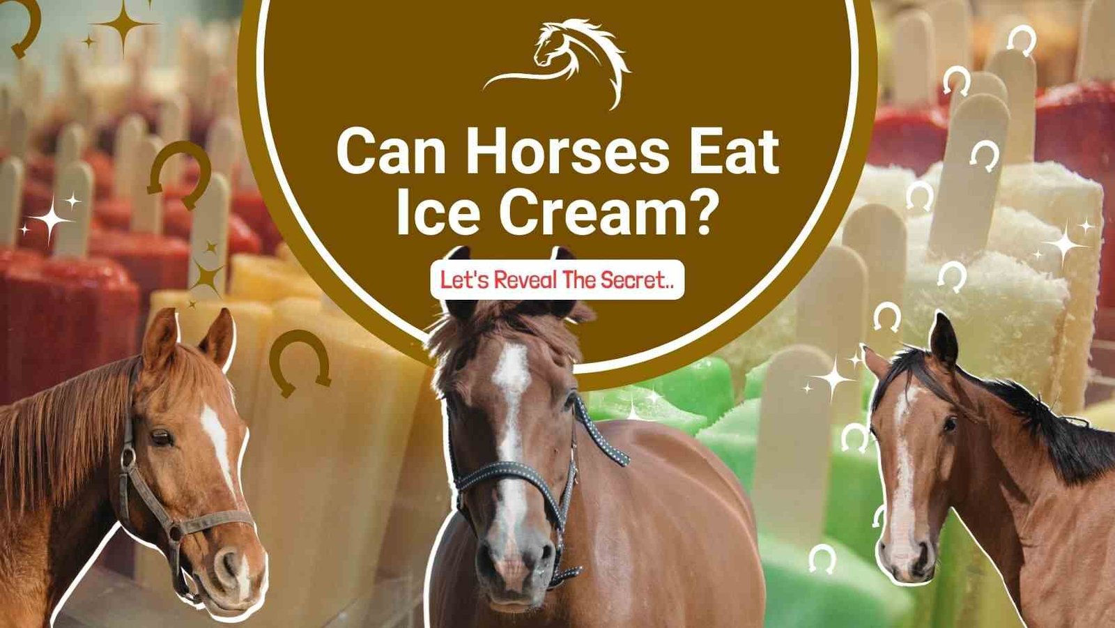 a brown circle, white horse head silhouette, and text about horses eating ice cream, surrounded by horse heads and ice cream cones on a brown background with gold trophy icons
