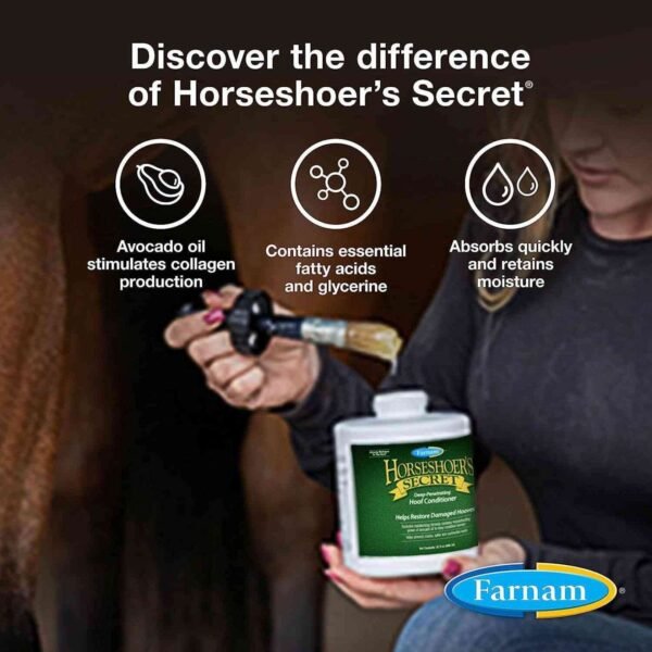 Women holding a bottle of Farnam Horse Hoof Oil and getting ready the brush to polish her horse's hoofs