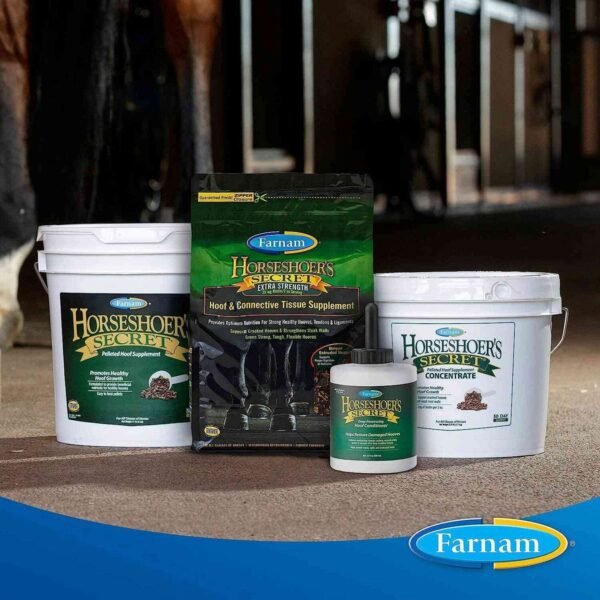 different Farnam horseshoer's secret products showcased on the ground in stable