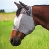 a calm horse on a grassy land wearing a Fly Mask looking