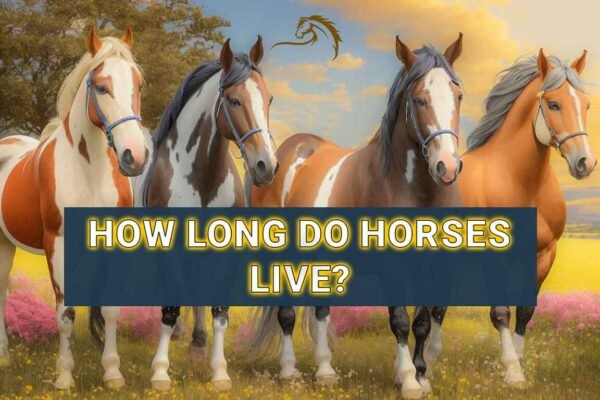 Four horses in a field with yellow flowers and blue sky, wearing blue bridles, with a question about horse lifespan in yellow text