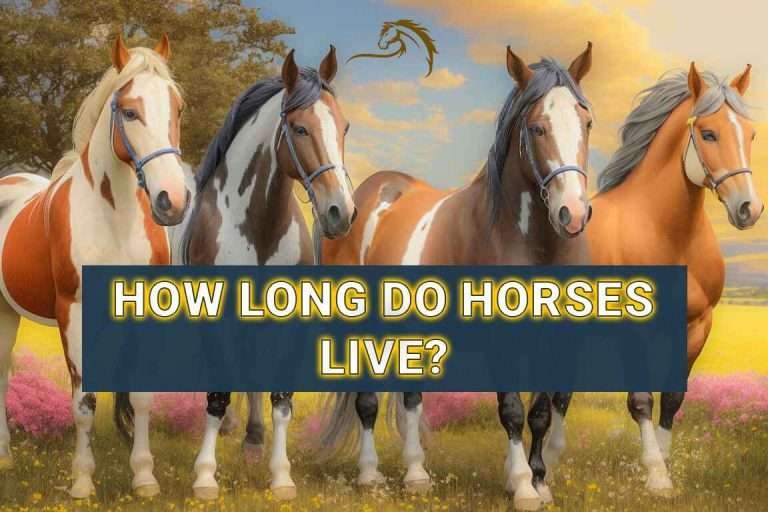 Four horses in a field with yellow flowers and blue sky, wearing blue bridles, with a question about horse lifespan in yellow text