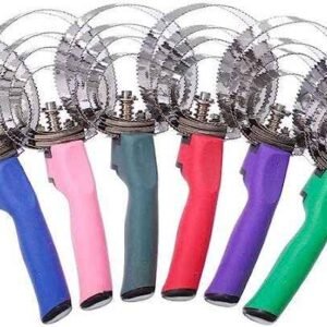A group of nine Spring Curries with different colored handles - pink, blue, red, green, and purple - arranged in a fan-like pattern with silver metal heads and circular wire whisks on a white background