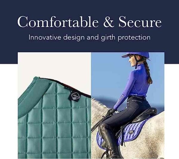 women in purple riding suit matching with saddle pad sitting comfortably on the horse on the soft saddle pad